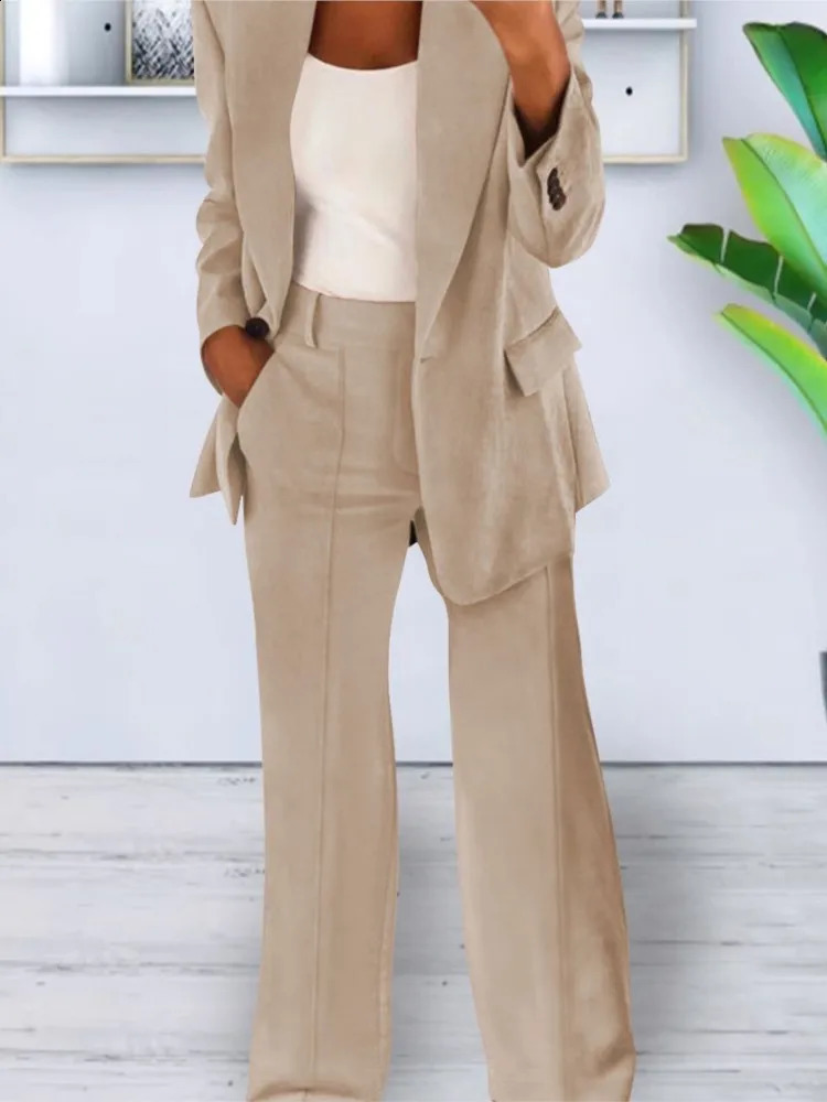 Autumn Winter Solid Color Blazer Women Long Sleeve Suit Simple Casual Pocket Fashion Temperament Female Office Pants 2 Piece Set 240826