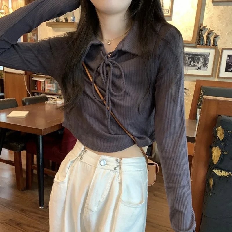 Crop top womens autumn T-shirt Y2k Korean fashion long sleeved T-shirt polo solid color T-shirt womens ultra-thin T-shirt lace clothes 240827