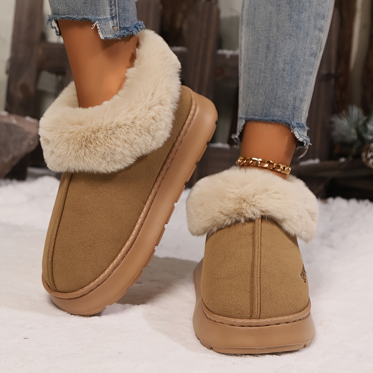 Women's Solid Color Fluffy Slippers, Soft Sole Platform Plush Lined Warm Shoes, Non-slip Floor Mute Shoes Snow boots