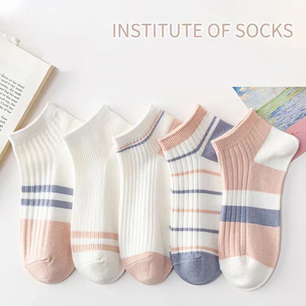 OC-DW6001 Spring and Autumn Girls' Socks Shallow Mouth Stripe Cut Student Motion Invisible Boat Socks Love Polyester Wholesale 5 Colors