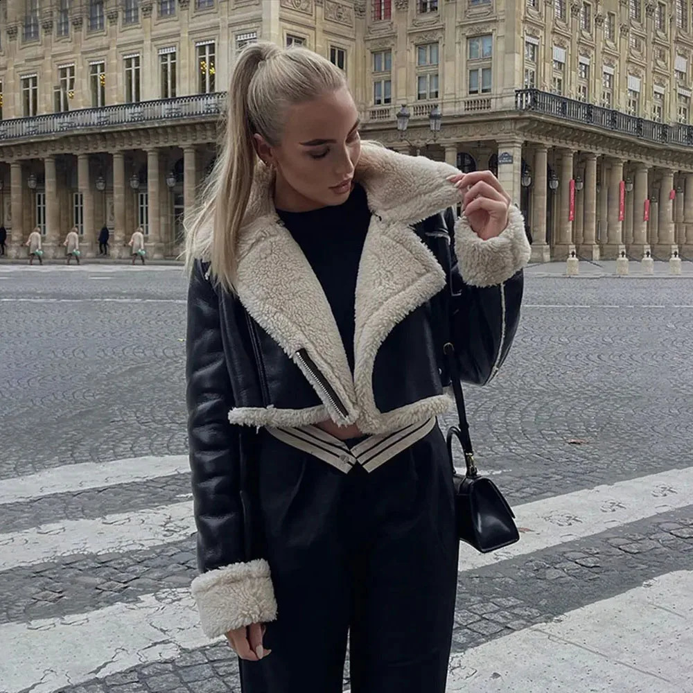 Autumn and winter European and American double-sided loose fitting zipper crop jacket womens leather one-piece jacket 240827