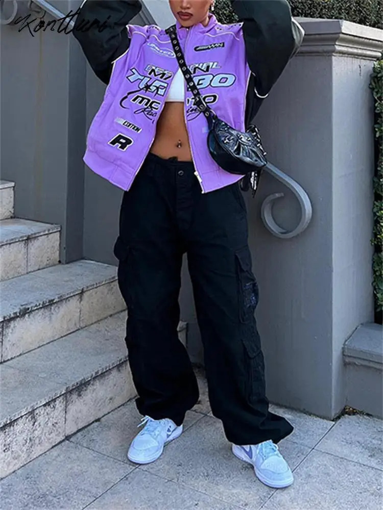 Kontturi Fall Casual Letter Print Jackets For Women O Neck Long Sleeve Zip Up Coat Streetwear Outfit Purple Varsity Jackets 240827