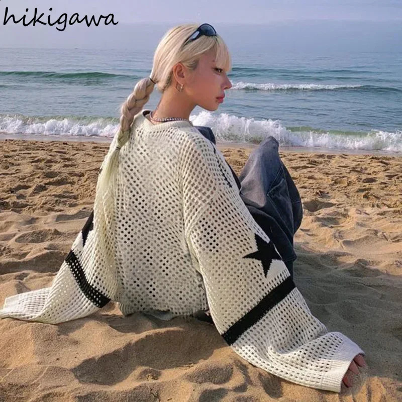 Womens letter Oneck oversized sweater fashionable jumping style pullout womens hollow knitting thin Y2k top suede cream 240826