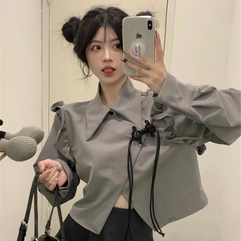 MEXZT Y2K Irregular Crop Top Harajuku Womens Ruffle Asymmetric Shirt Korean Prefabricated Long Sleeve Lace Top 240827
