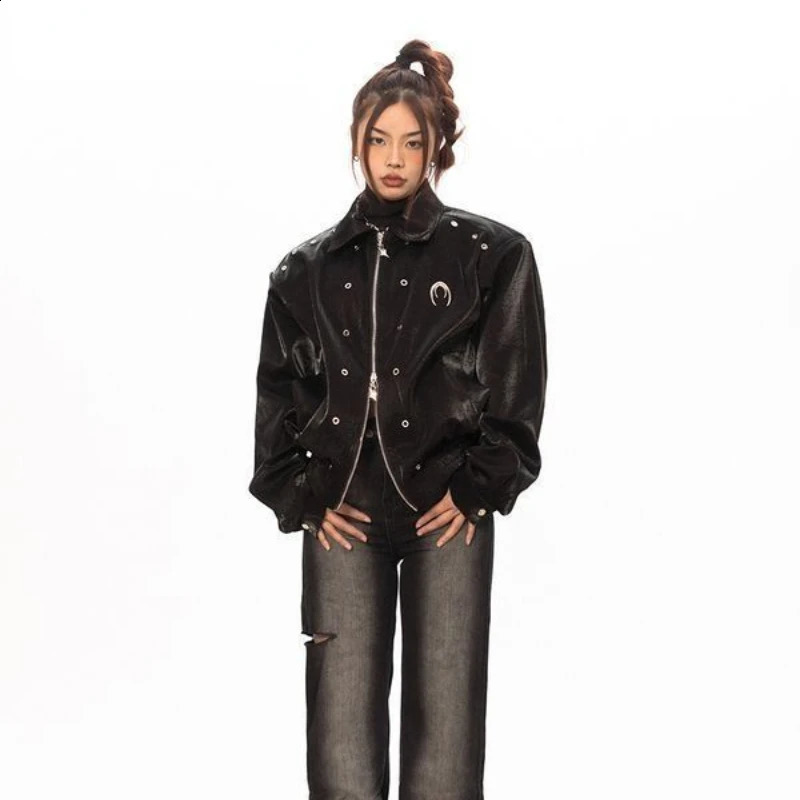 HOUZHOU Vintage Crop Leather Racing Jacket Women Y2k Streetwear Oversize Bomber Motorcycle Jackets Korean Fashion Autumn Winter 240827