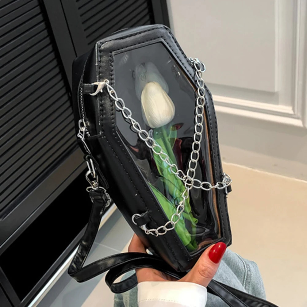 Womens Horizontal Bag Creative PVC Coffin shaped Mobile Phone Lightweight PU Handbag Halloween Office Travel Bottom 240827