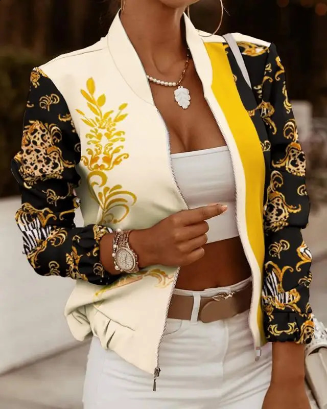 Orange Stitiching Bomber Jacket Women Print Zipper Baseball Coat Long Sleeve in Outerwears Stand Collar Womens Jacket Short 240827