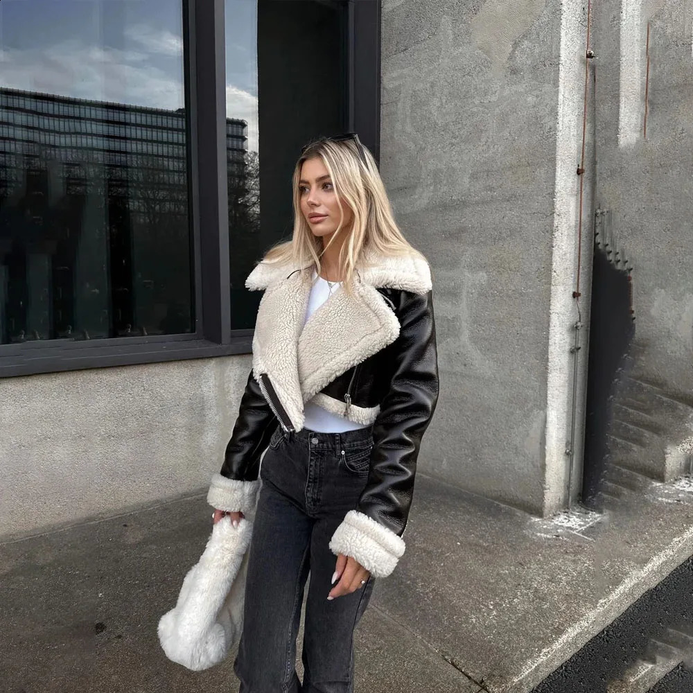 Autumn and winter European and American double-sided loose fitting zipper crop jacket womens leather one-piece jacket 240827