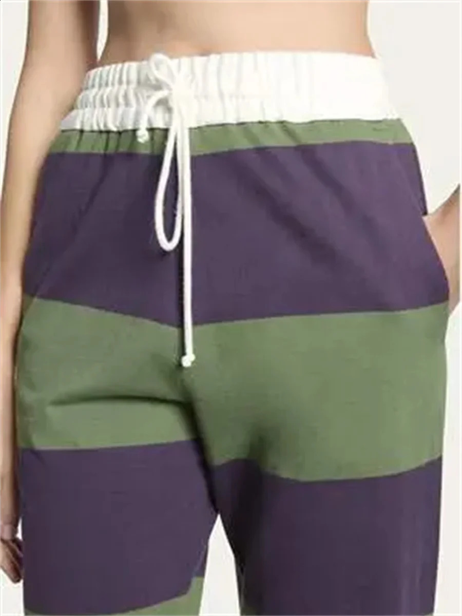 Vinatge Green And Purple Striped Lounge Pants Y2k Aesthetic Print Pajama Pants Drawstring High Waist Long Trousers Cozy Bottoms 240827