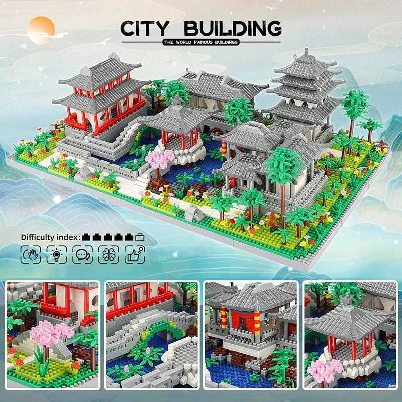 Lezi Architecture Ancient Exhibition Hall Temple Pagoda Lake Garden Door LED Light Model Mini Dia Block Architectural Toys No Box Free shipping
