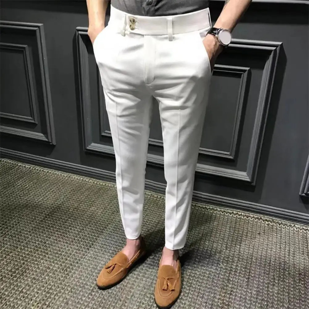 Trendy Men Ninth Pants Slim Fit Ninth Trousers Office Pockets Wear-resistant Zip Up Ninth Suit Pants 240827