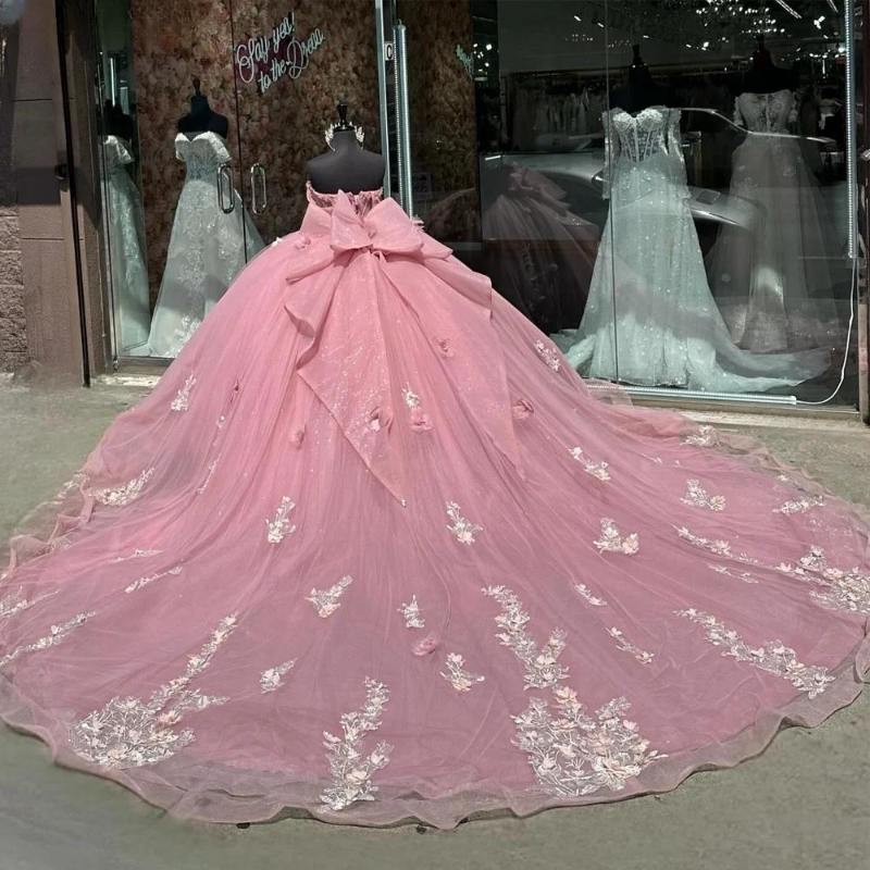 Pink Shiny Quinceanera Dresses Off The Shoulder Beading Applique Lace Tull Corset Vestidos De 15 Anos Birthday Party Princess Sweet 16 Dress