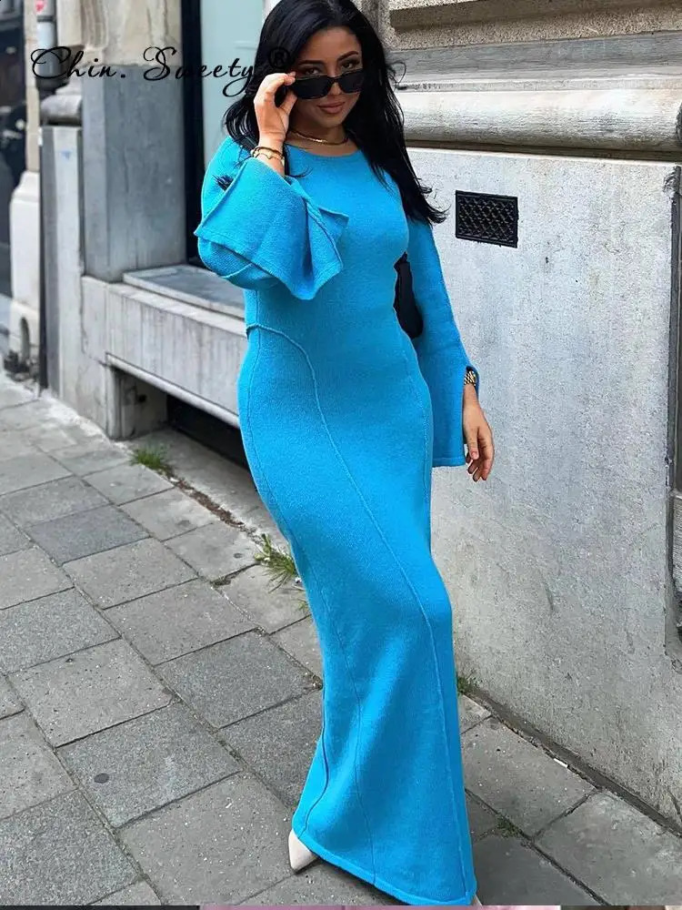 Knitted Flare Sleeve Maxi Dress Womens Elegant Patchwork Splicing Oneck Long Fashion Solid Hip Set Ultra Thin Robe 240826