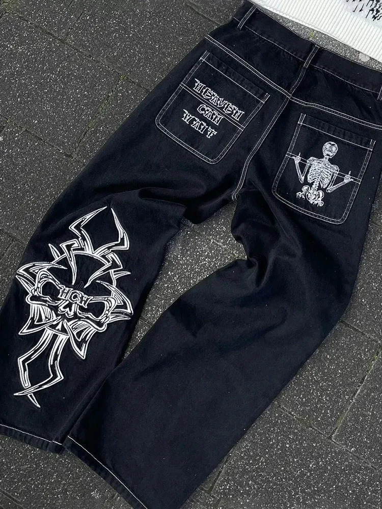 HOUZHOU Y2K Mens Hip Hop Retro Skeleton Embroidery Bag Washing Pants Skeleton Casual Loose Wide Leg Mens Street Clothing 240827 ww