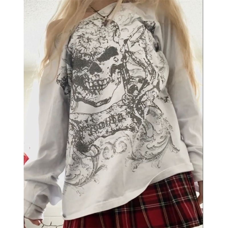 Y2K Womens Autumn Loose Gothic Top Skull Printed Shoulder Long Sleeve Oversized T-shirt 240826