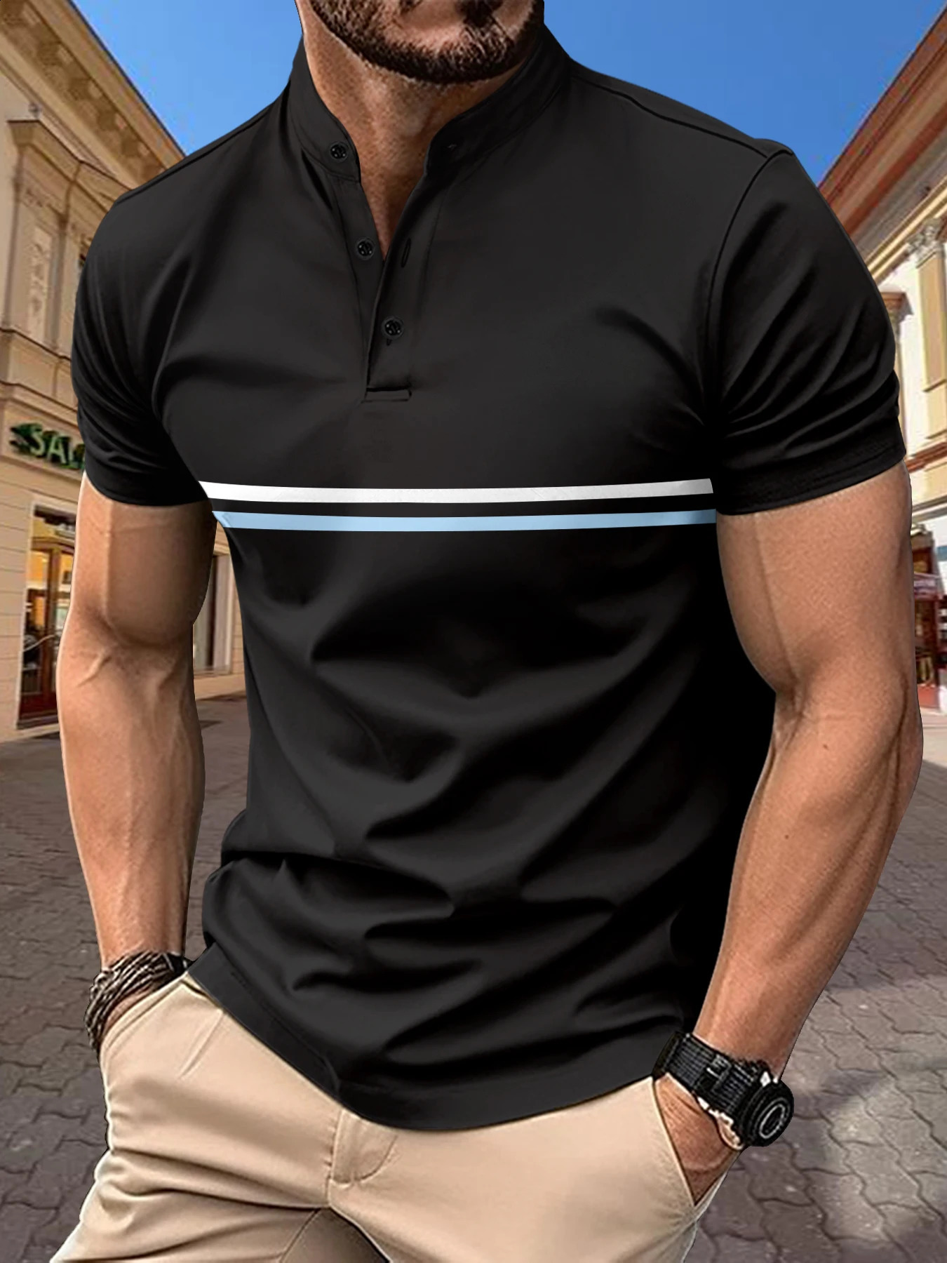 Mens summer short sleeved Henley fashion striped mens polo shirt casual sports top Tshirt diagonal Natal 240827