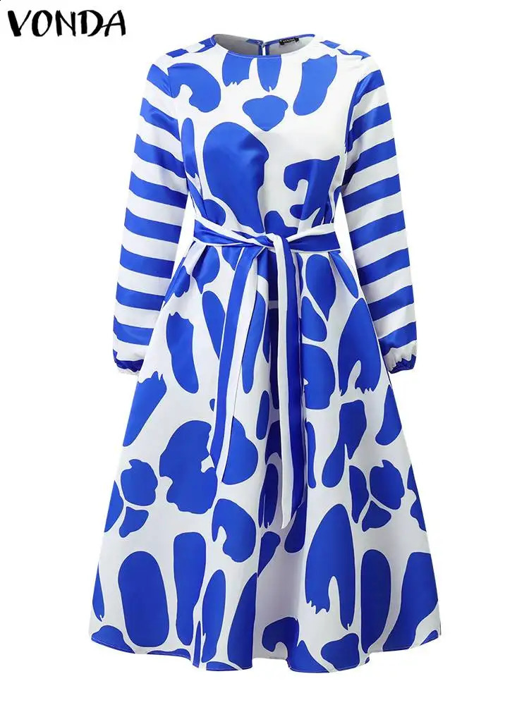 Plus Size 5XL VONDA Autumn Elegant Party Dress Long Sleeve Women Office Satin Silk Wedding Sundress Belted Casual Midi Vestidos 240827