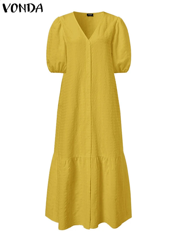 Plus Size 5XL VONDA Women Shirt Dress Summer Sexy V Neck Buttons Half Sleeve Long Maxi Vestidos Bohemian Elegant Party Robe 240827