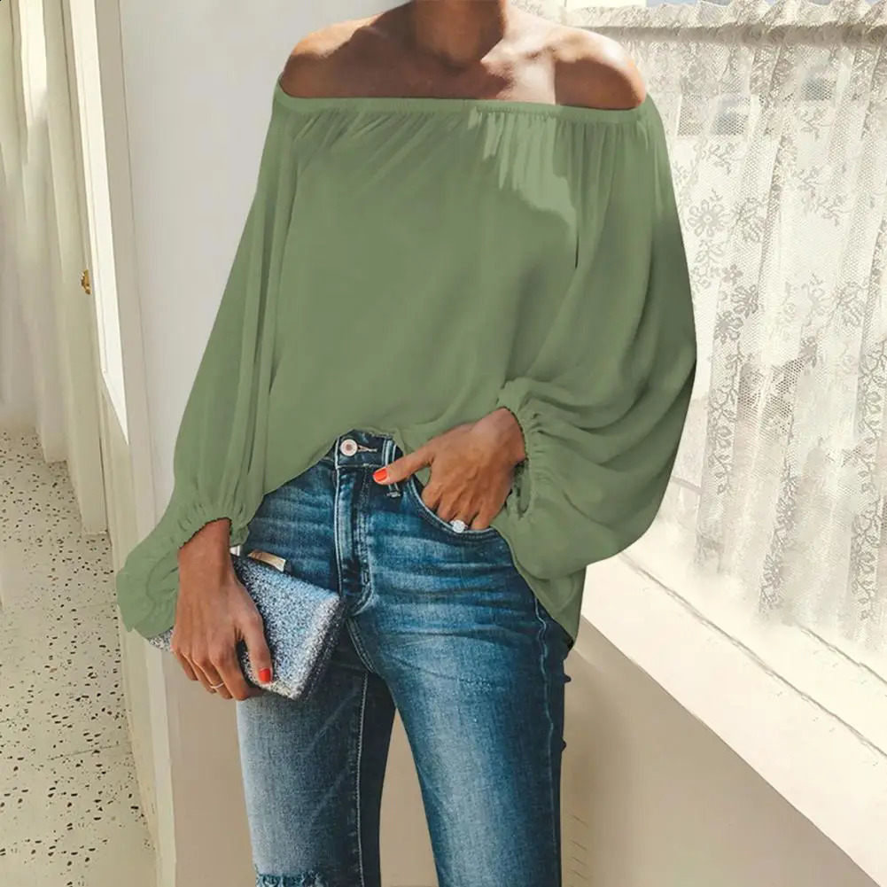 Solid Color Off Shoulder Women Shirt Spring Lantern Long Sleeve Women Blouse Dressing Up Elastic Collar Lady Shirt Streetwear 240827