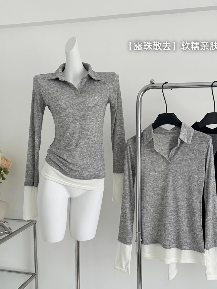 Autumn womens Harajuku fashion long sleeved T-shirt polo collar T-shirt crop top 2000s fashion Japanese Y2k fake two unique pieces 240827