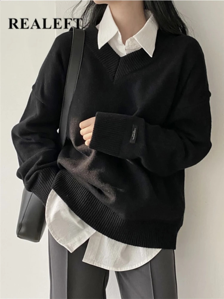 REALEFT autumn black oversized womens sweater casual loose long sleeved Vneck knitted with floral pattern for women 240826