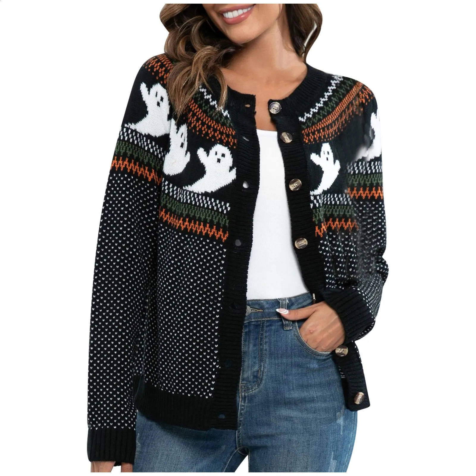 Halloween Ghost Pattern Womens Retro Crew Collar Button Front Long Sleeve Open Knitted Woolen Sweater Warm Autumn Winter Short 240826