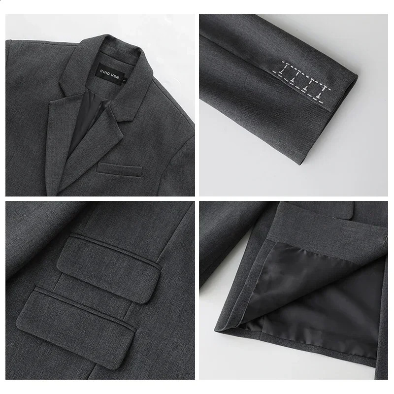 CHICVEN Women Office Lady Blazer Cuff Embroidery Wide Shoulder Twill Suit Womens Autumn Ladies Outerwear Stylish Tops 240826