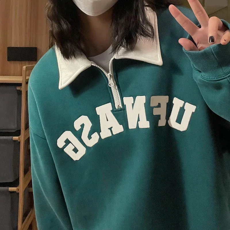 Polo collar hooded sweatshirt with letter printing for women thick autumn retro womens hooded sweatshirt casual long sleeved oversized top 240827