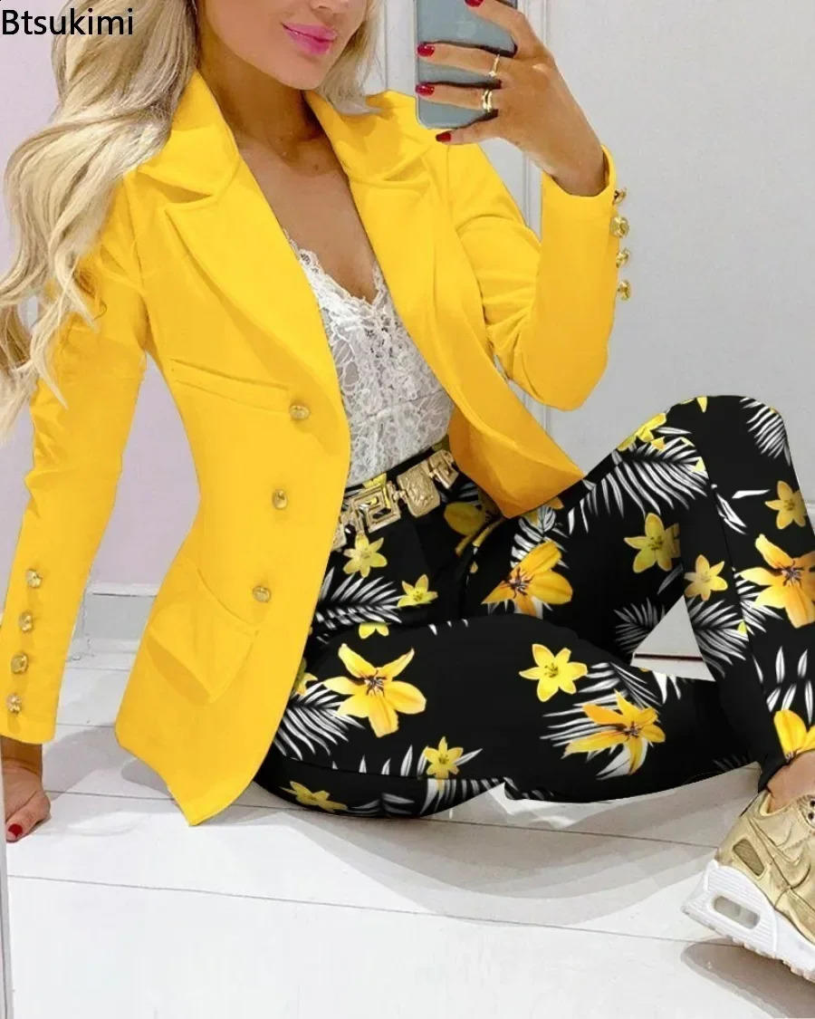 Printted Two Pieces Sets for Women Slim Formal Office Pant Suits Elegant Jacket and Pants Sets Women Tracksuits 2PCS 240826