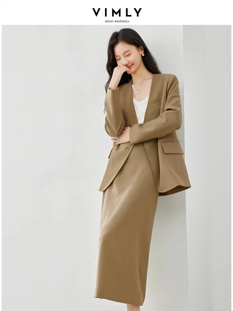 Vimly Spring Outfits Blazer Skirt 2 Pieces Sets for Women Elegant Fashion Matching Sets Jacket Split Skirt Suit with Belt 240826