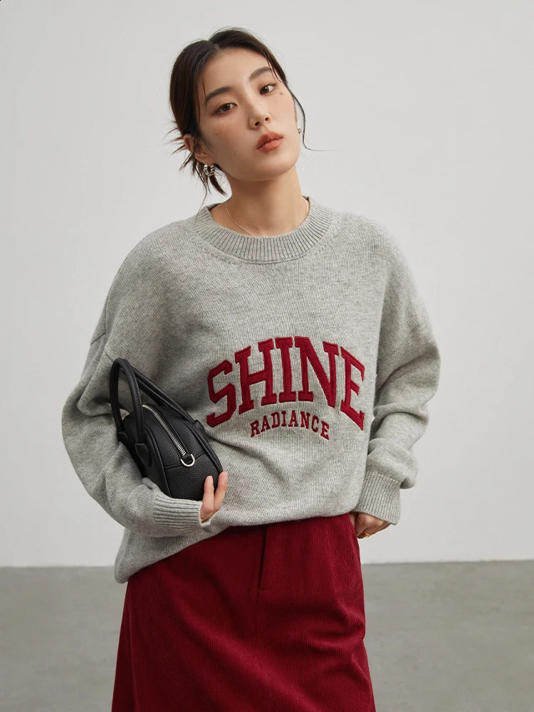 DUSHU Womens American Letter Printing Round Neck Retro Sweater Winter Black Grey 240826