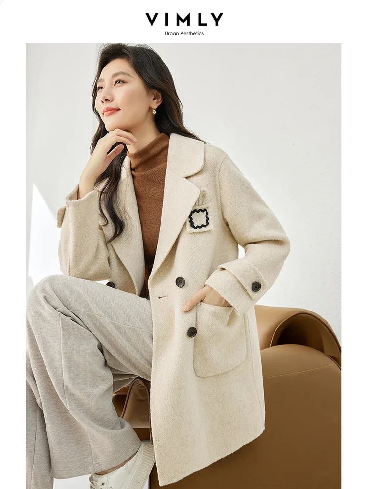 Vimly wool blend jacket for women straight double chest thick warm winter long coat 50709 240826