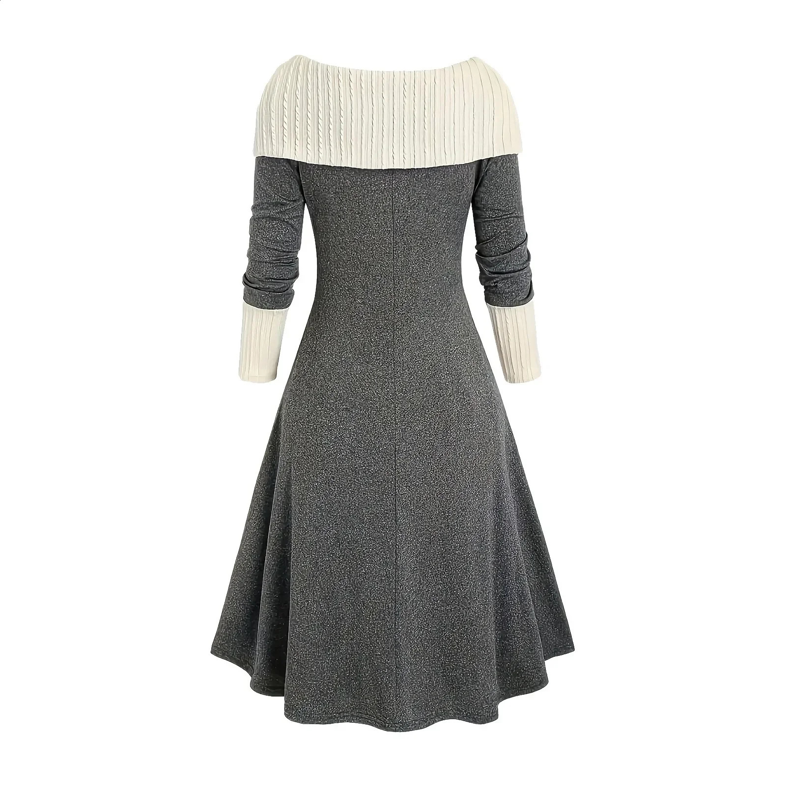 Autumn Long Line Splicing Cable Knitted Panel Dress Womens Winter Button Cowboy Collar Aline Robe Sweater 240826