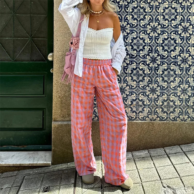 Lamuusaa Plaid Print Pants y2k Women Casual Elastic High Waist Wide Leg Loose Trousers with Pockets 2000s Sweatpants Streetwear 240827