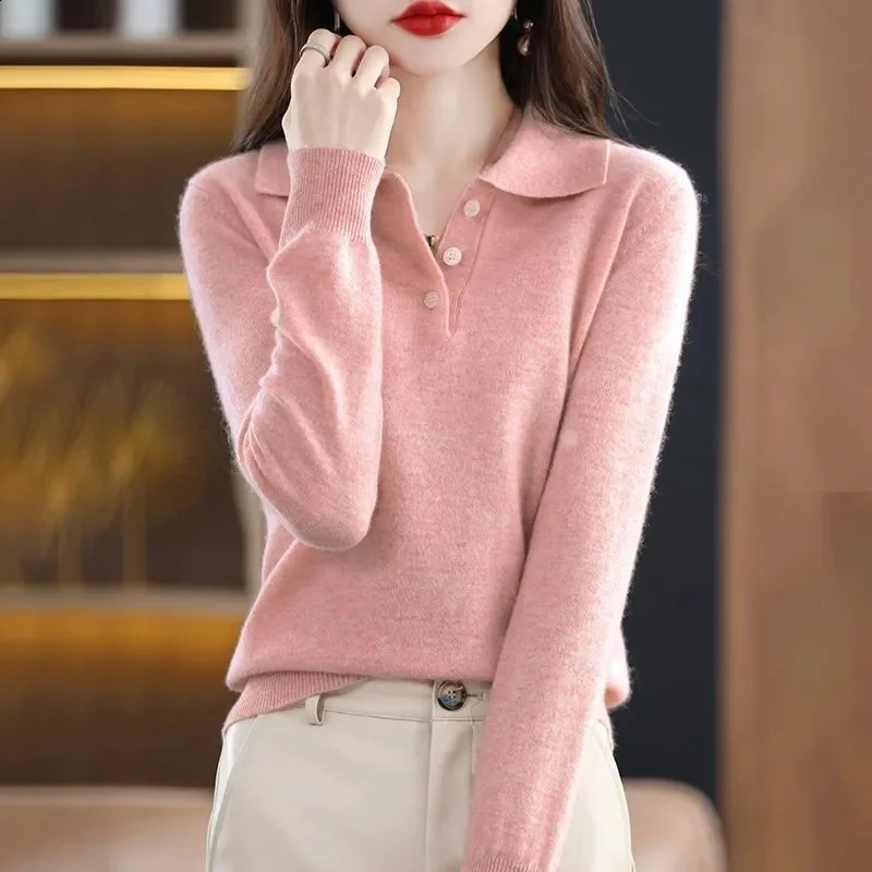 Womens Sweater Spring and Autumn Polo Collar Knitted Lanhua Long Sleeve Cashmere Free Jumping Bottom Shirt 240827