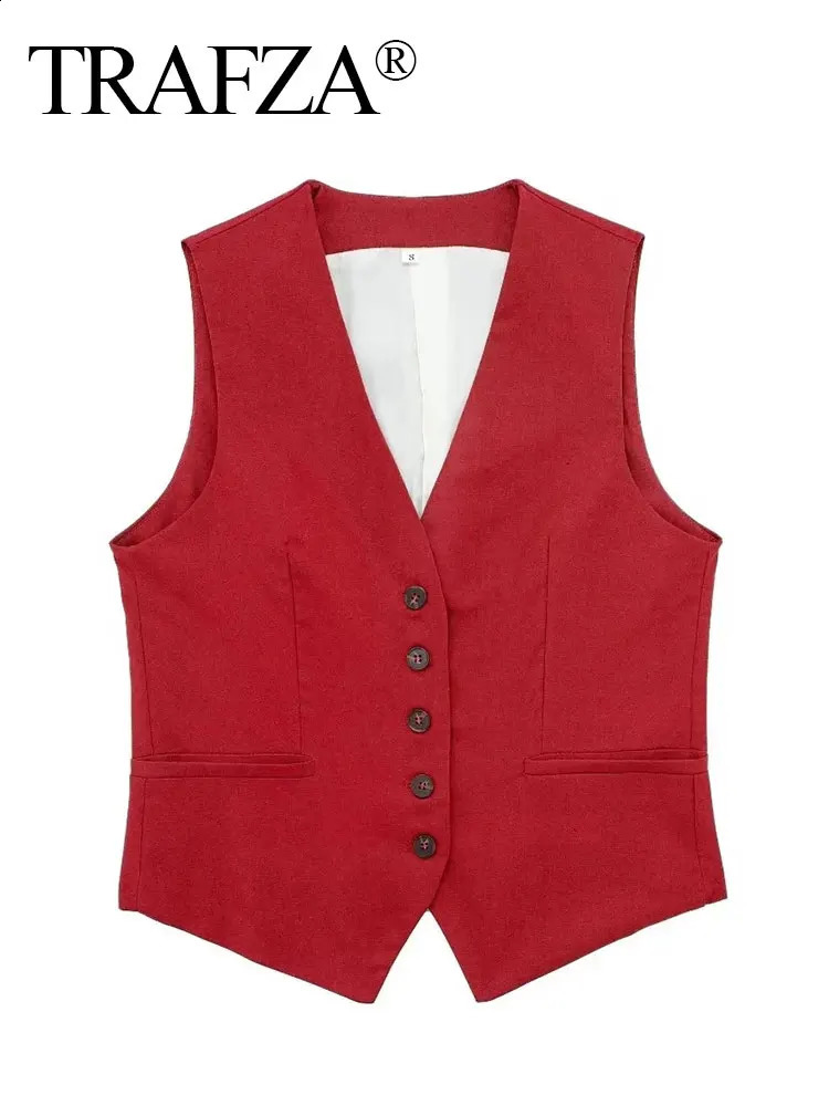 TRAFZA Womens Fashion Solid Vest Top Vintage V Neck Button Loose Casual Vests Summer Y2k Woman Streetwear Chic Tops Outerwear 240826