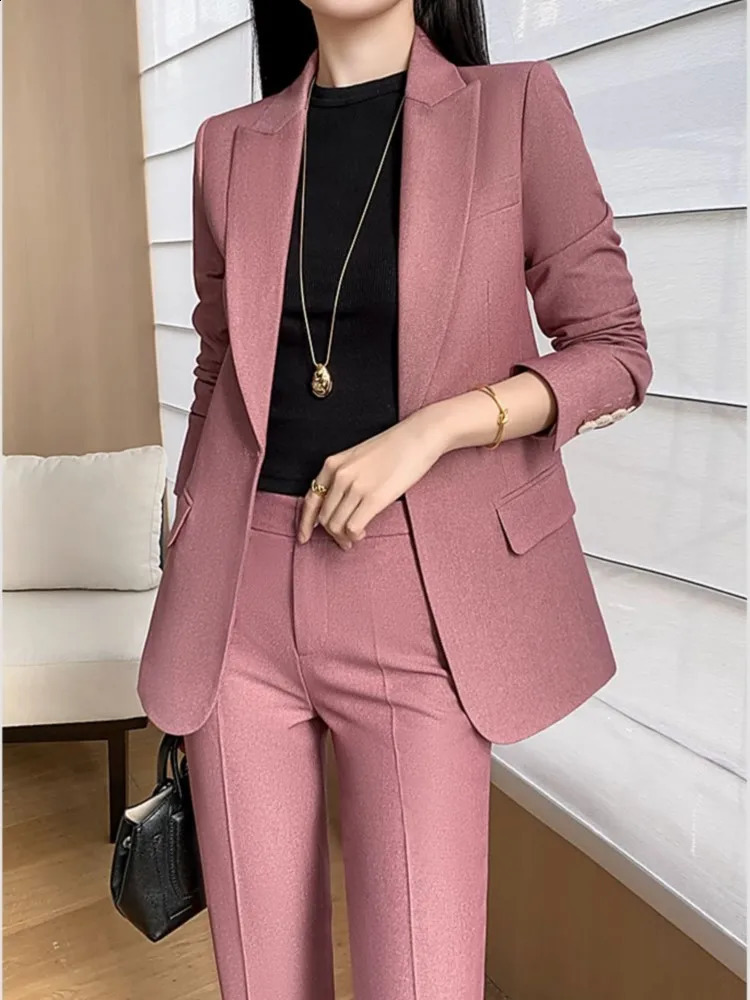 Fashion Women Vintage Formal Solid Pantsuit Elegant Chic Blazer Coat Straight Pants Outfits Female Interview Two Pieces Set 240826