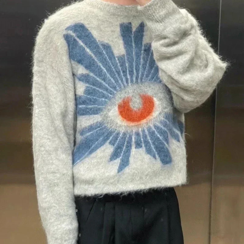 Autumn and Winter Casual Loose Eye Jacquard Grey Sweater Mens High Quality Shirt 240826