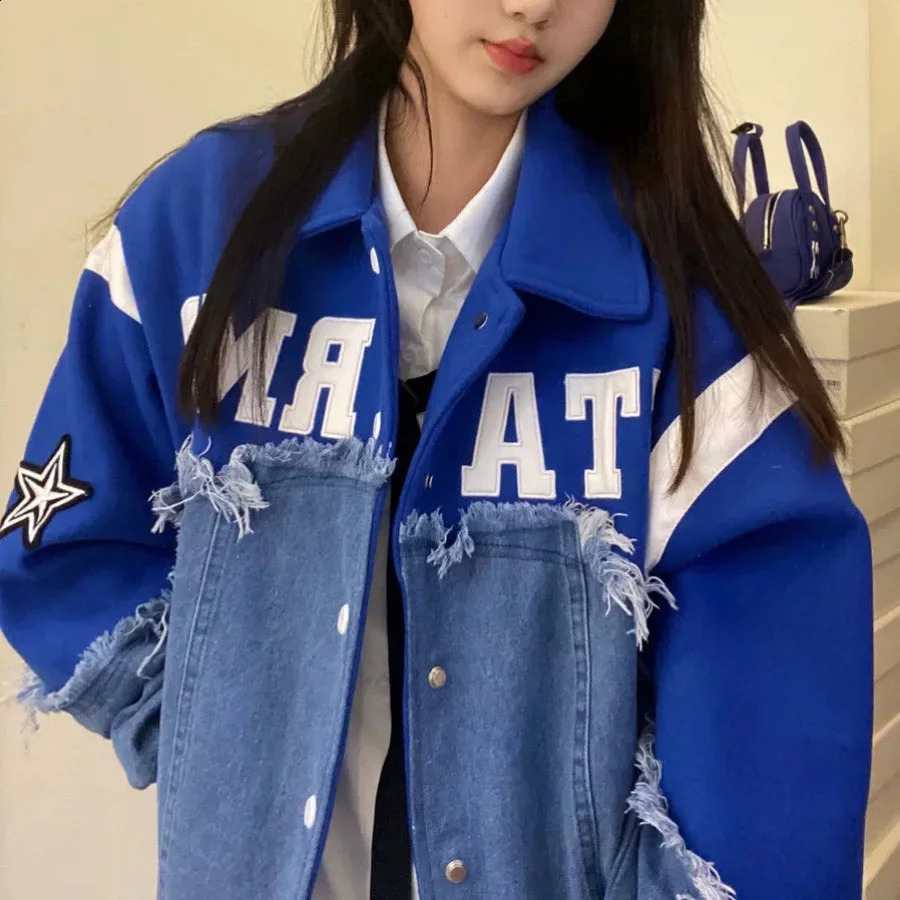 Womens Denim Patchwork Jackets Oversize Sports Top Bomber Jacket Coats American Streetwear Retro Baseball s 240827