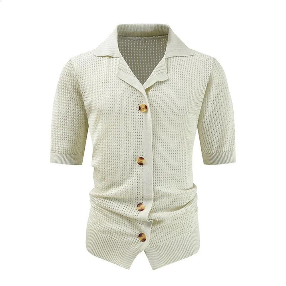Mens Shirt Summer Knitted Casual Slim Short-Sleeved Top Mesh Semi-Transparent Breathable Trendy Mature Lapel Elegant Shirt 240827