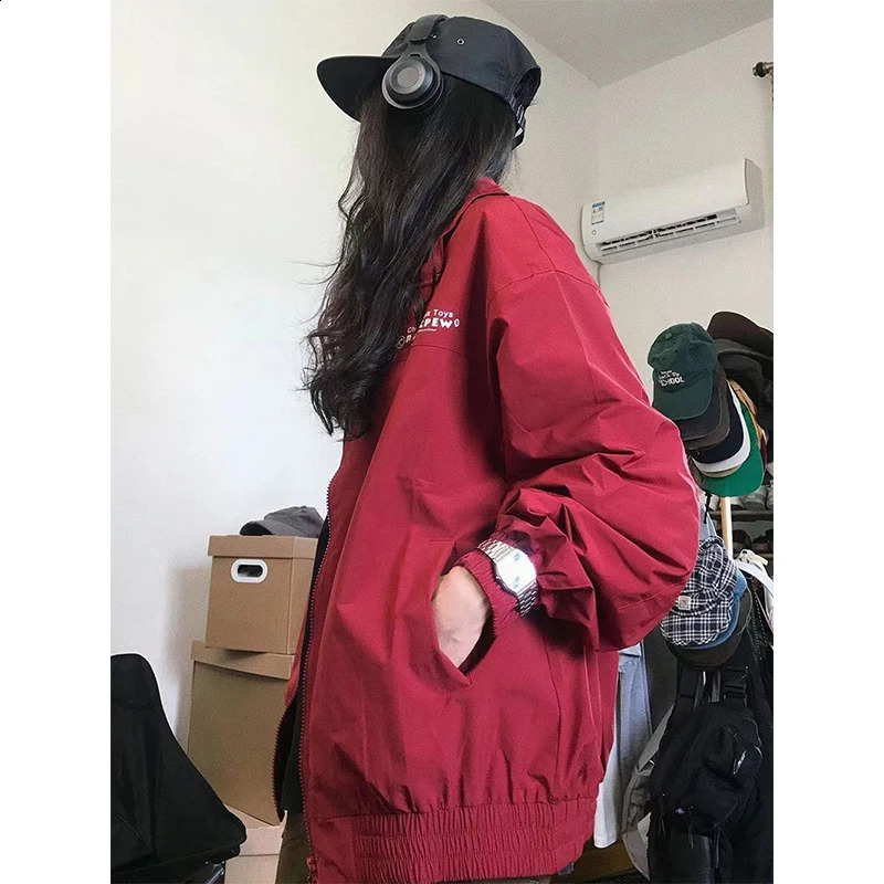 Streetwear Red Bomber Jackets Women Oversized Print Jacket Y2K Harajuku Zip Up Wind-Proof Outwear Korean Loose Casual Coat Tops 240827