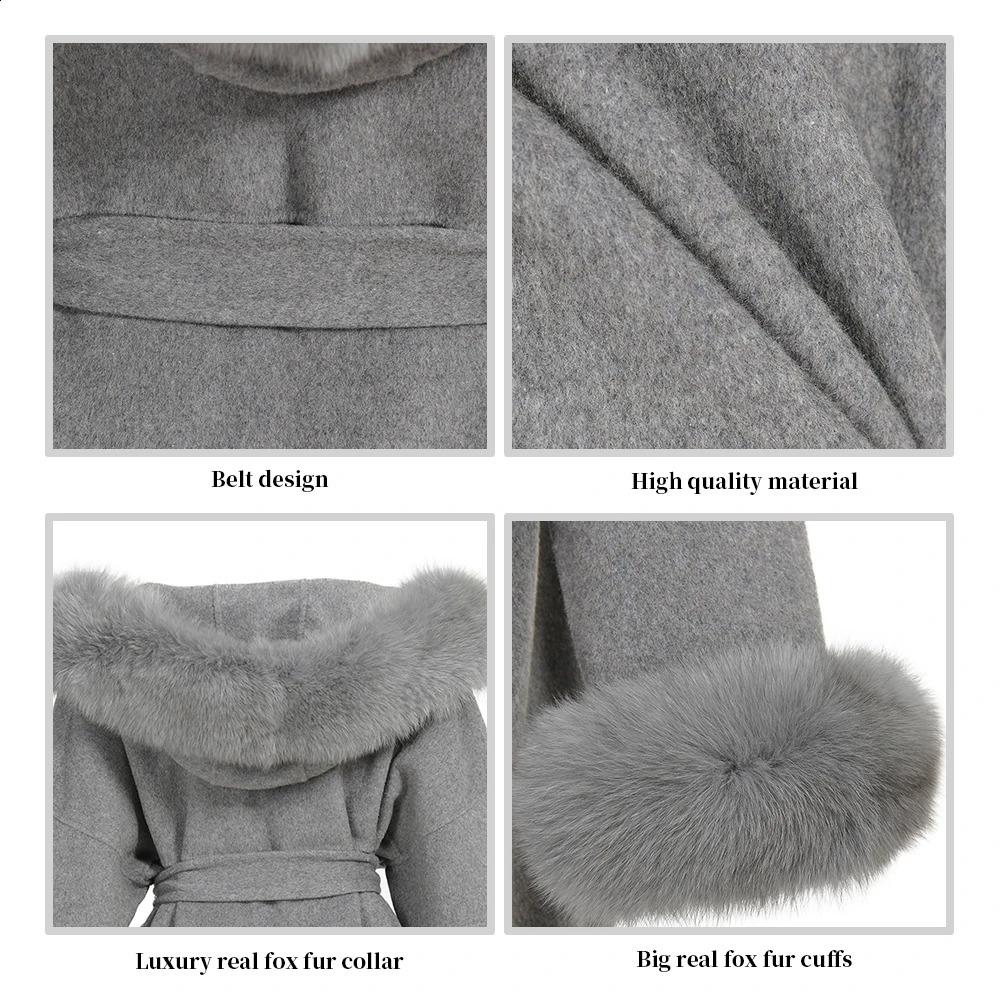 Real Fur Coat Hood Winter Jacket Womens 100% Natural Fox Fur Collar Cuff Cashmere Wool Blended Oversized Coat Loose 240826