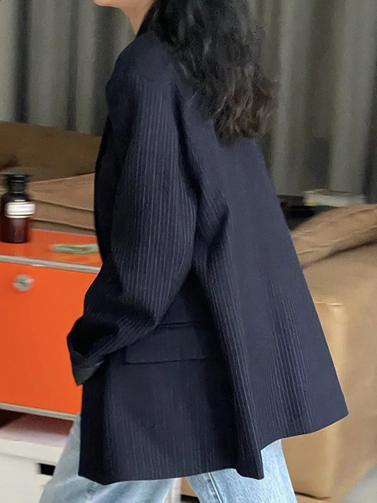 LANMREM Striped Blazer For Women Notched Single Button Long Sleeve Loose Jackets Spring Clothing 26D2884 240826