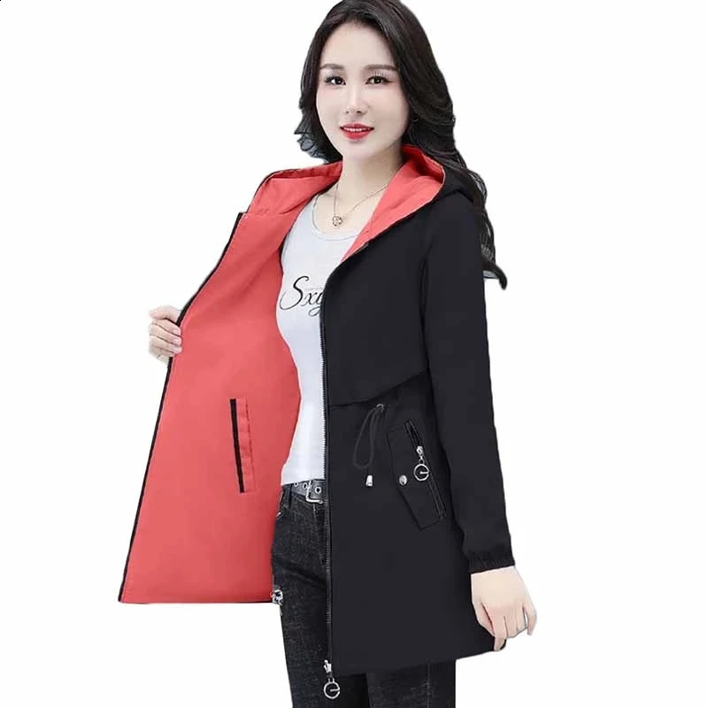 Double sided trench coat womens Spring and Autumn clothing hooded plus size windproof jacket 240826