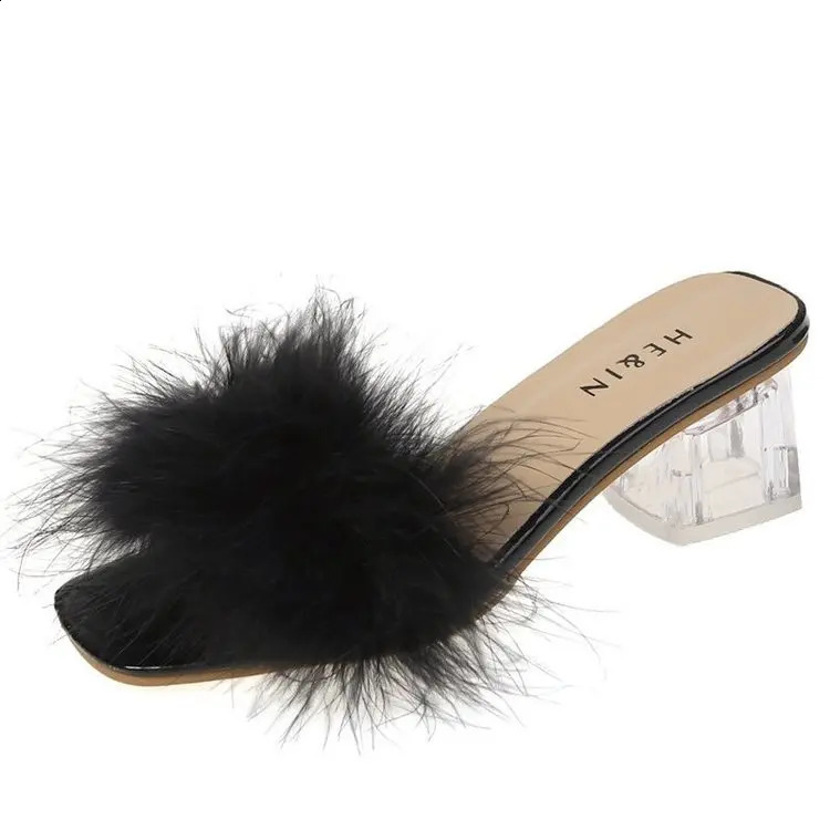 Mule sandals womens summer outdoor fashion slider square high heels office womens feather slider fashion classic suede shoes 240827