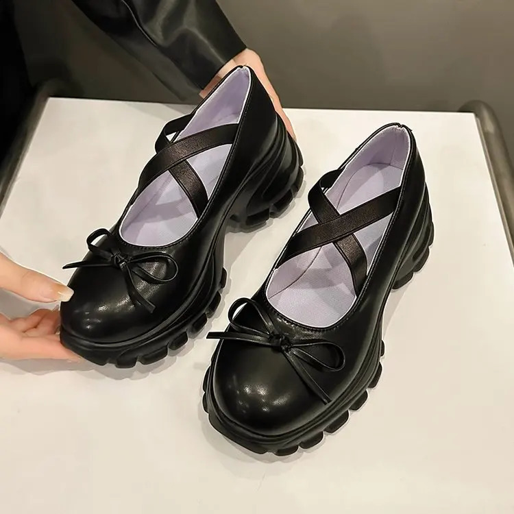 Thick soled silver shoes bow high pairing skills ballet shoes multifunctional single shoes 240827