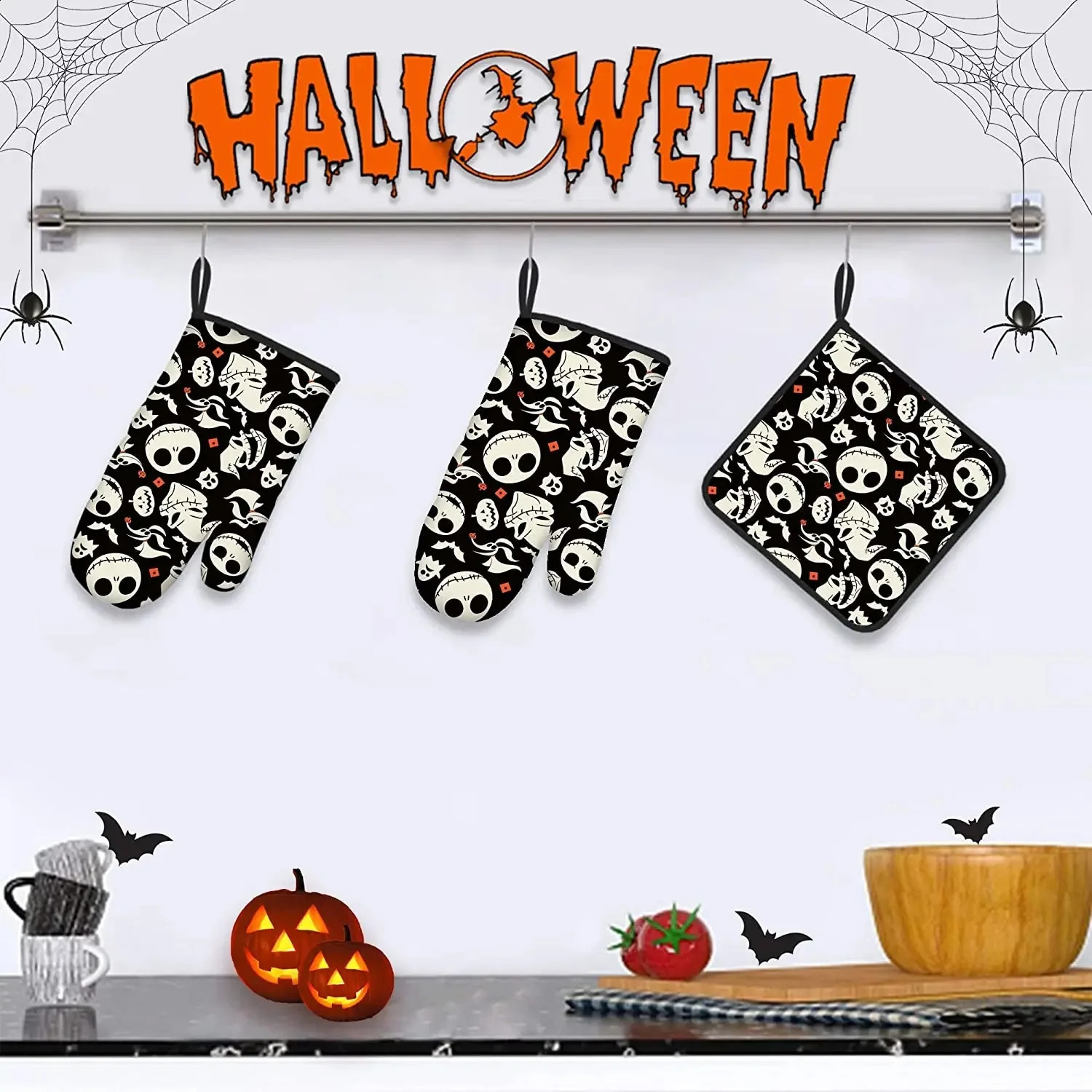 Halloween Oven Mitts and Pot Holders Sets Christmas Kitchen Heat Resistant Non-Slip Oven Gloves for Safe BBQ Cooking Baking 240826