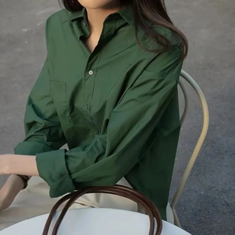 Korean Style Long-sleeved Shirt Ladies Spring Lazy Retro Green Blouse Womens Clothes Tops Casual Female Solid Simple Shirt 240826