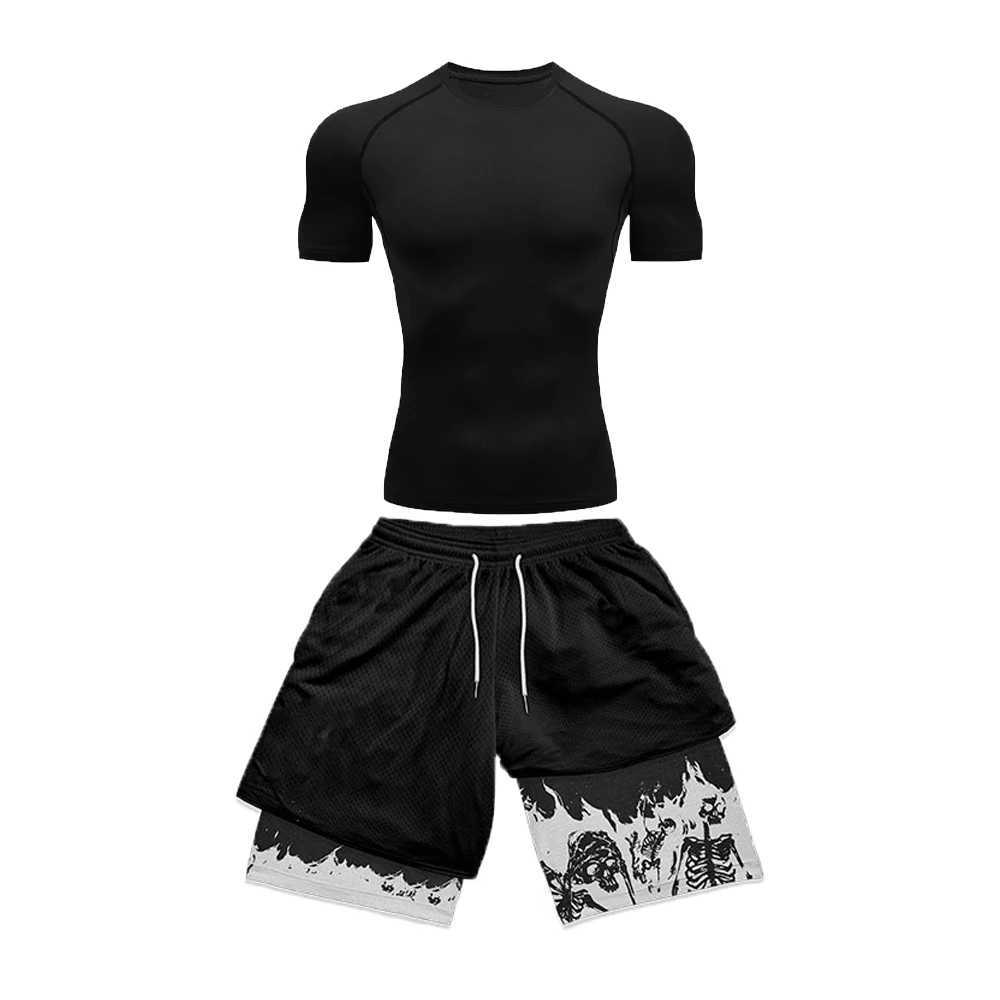 Mens compression set sportswear quick drying set tight short sleeved anime double-layer summer short sleeved X250129