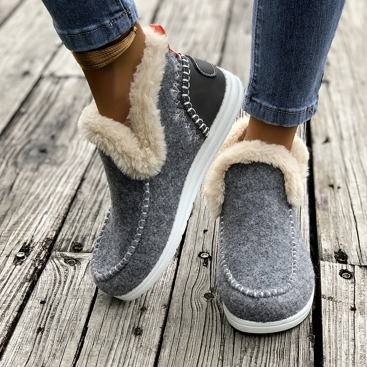 Women's Cozy Flannel Ankle Booties with Faux Fur Trim - Solid Color Slip-on Plain Toe Flat Heel Boots with Fabric Insole and TPR Sole - North Ame